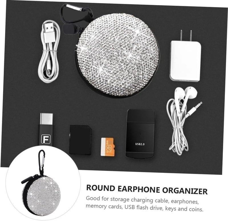 Healifty Silver Rhinestone Earphone Storage Bag Compact Travel Case with Carabiner Shockproof Mesh Organizer for USB Cables Earbuds Headphones Suitable for Hiking Biking Shopping - Image 4