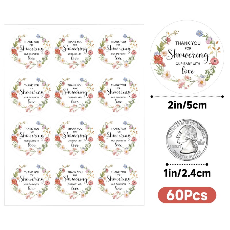 ANWYLL Baby Shower Thank You Stickers - Anwyll 60Pcs 2Inch Wildflower Baby Shower Favor Stickers Self-Adhesive Thank You Gift Seal Label Sticker Thanks For Showering Our Babies With Love Sticker For Envelope - Image 2