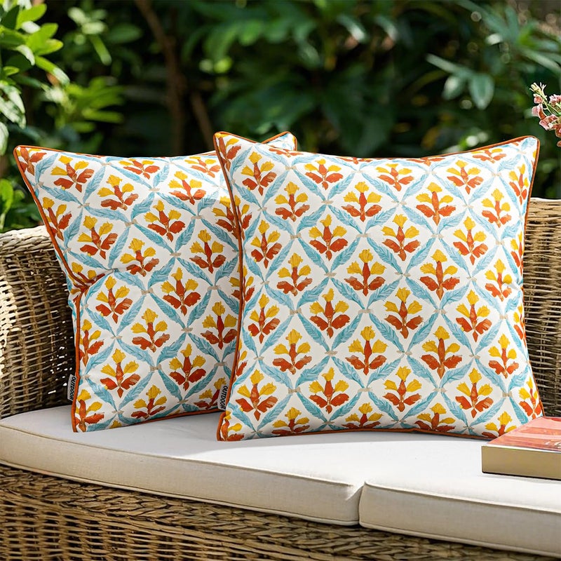 MIULEE Pack of 2 Decorative Outdoor Waterproof Throw Pillow Covers Flower Print Chic Boho Accent Pillow Covers for Square Garden Patio Cushion 18x18 Inch, Orange Teal Red - Image 1