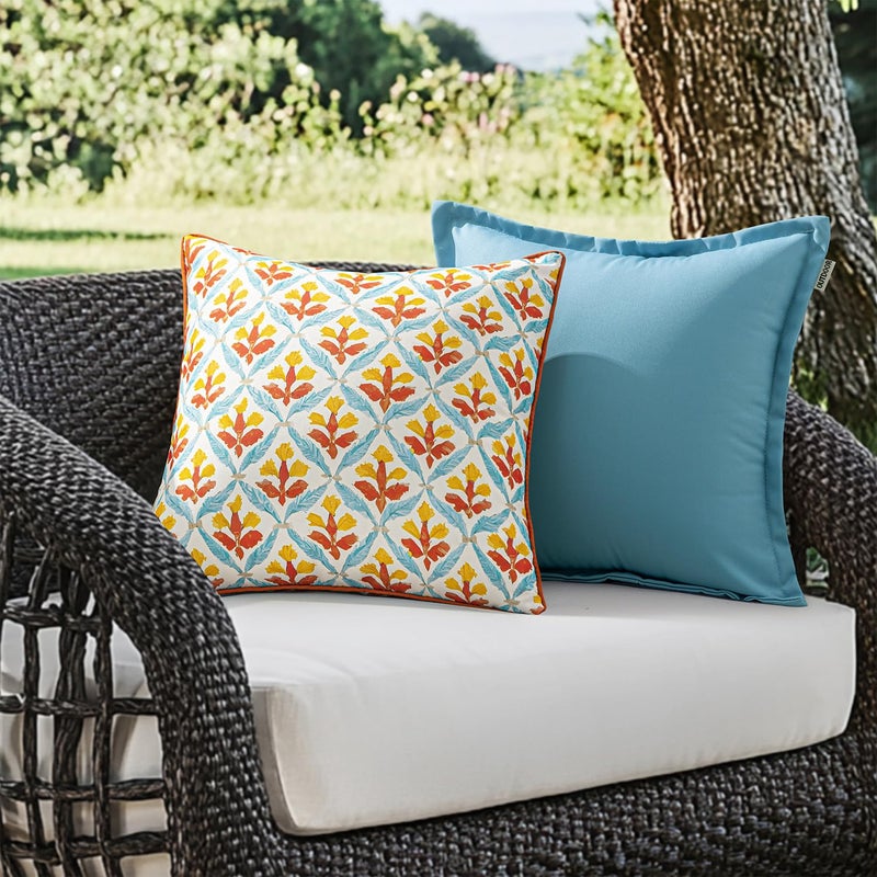 MIULEE Pack of 2 Decorative Outdoor Waterproof Throw Pillow Covers Flower Print Chic Boho Accent Pillow Covers for Square Garden Patio Cushion 18x18 Inch, Orange Teal Red - Image 2