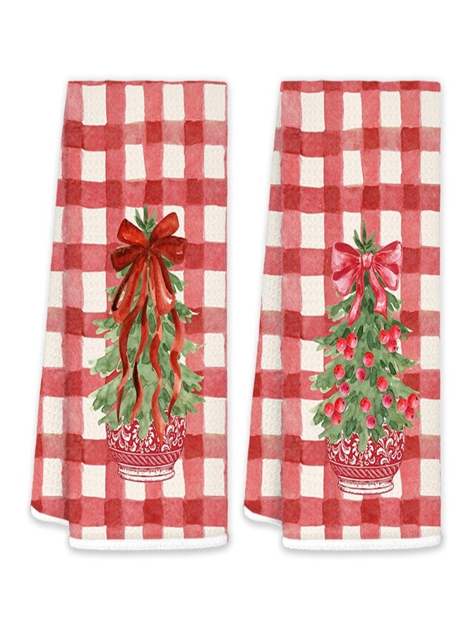 JINYO Red Buffalo Plaid Chinoiserie Christmas Kitchen Towels, Coquette Red Bow Christmas Tree Decorative Hand Towels for Bathroom Kitchen, Grandmillennial Xmas Dish Tea Towel, 16x24 Inch Set of 2 - Image 1