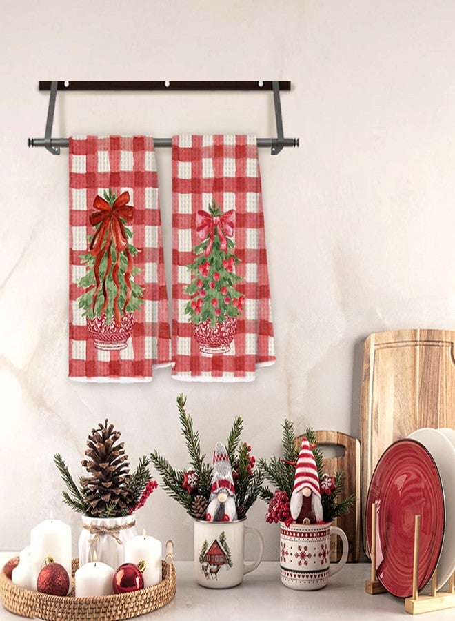 JINYO Red Buffalo Plaid Chinoiserie Christmas Kitchen Towels, Coquette Red Bow Christmas Tree Decorative Hand Towels for Bathroom Kitchen, Grandmillennial Xmas Dish Tea Towel, 16x24 Inch Set of 2 - Image 4