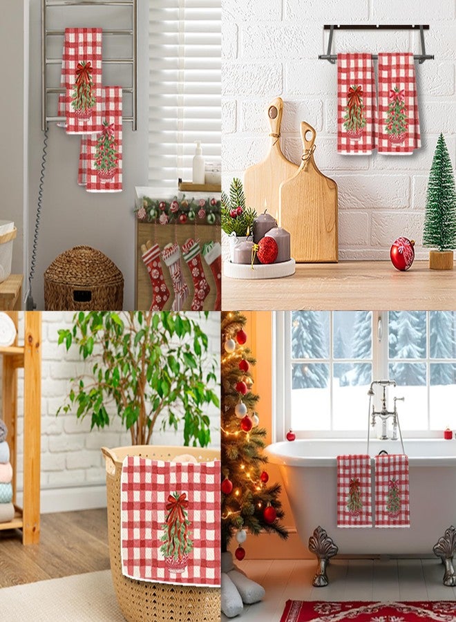 JINYO Red Buffalo Plaid Chinoiserie Christmas Kitchen Towels, Coquette Red Bow Christmas Tree Decorative Hand Towels for Bathroom Kitchen, Grandmillennial Xmas Dish Tea Towel, 16x24 Inch Set of 2 - Image 3