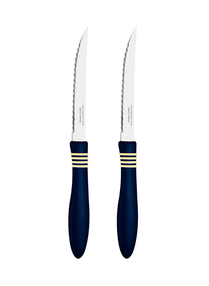 TRAMONTINA Since 1911,Made in Brazil- Cor&Cor 2 Pieces Steak Knife Set with Stainless Steel Blade and Dark Blue Polypropylene Handle  - Image 1