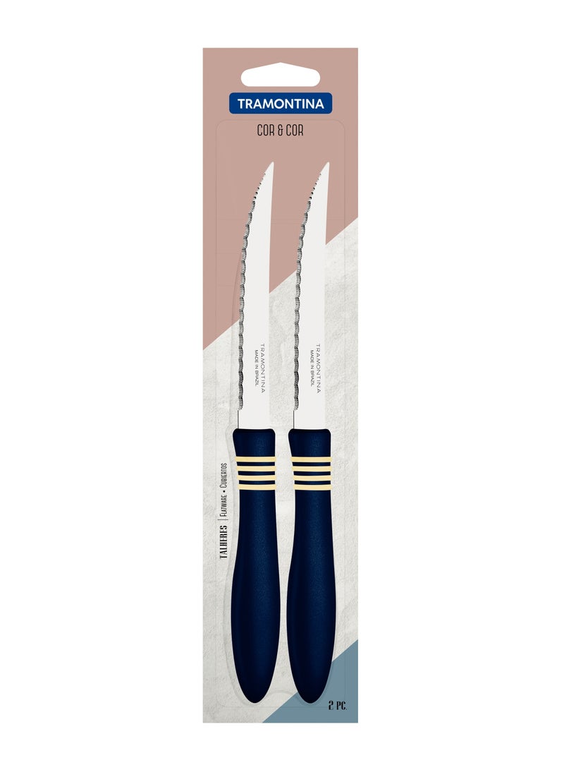 TRAMONTINA Since 1911,Made in Brazil- Cor&Cor 2 Pieces Steak Knife Set with Stainless Steel Blade and Dark Blue Polypropylene Handle  - Image 3