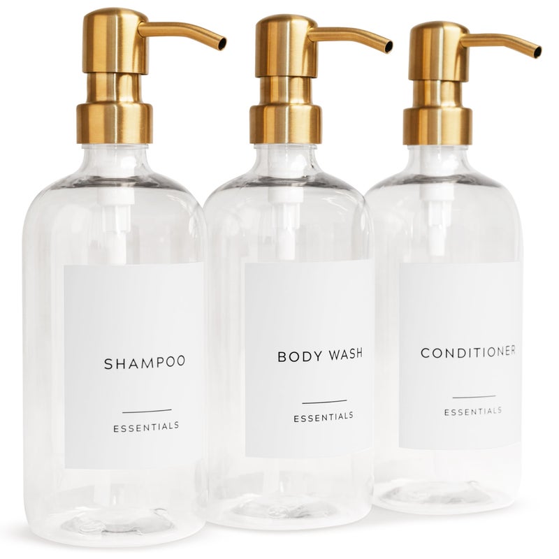 Stylish Shampoo and Conditioner Dispenser Set of 3  Modern 21oz Shower Soap Bottles with Pump and Labels  Easy to Refill Body Wash Dispensers for an Instant Bathroom Decor Upgrade Clear