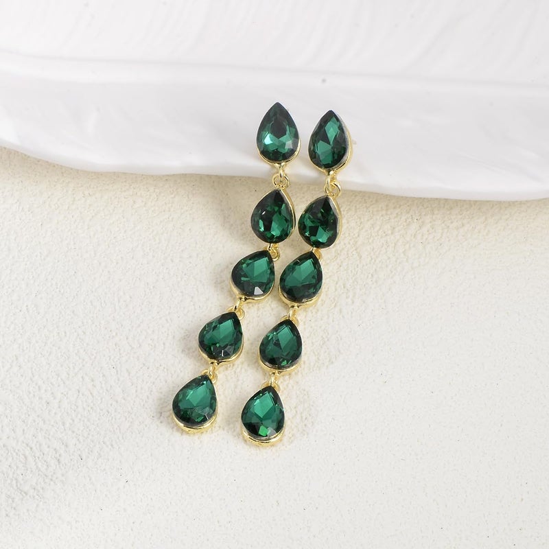 Qinpan Teardrop Green Crystal Dangle Earrings for Women Costume Jewelry (May-Emerald-14K Gold) - Image 5