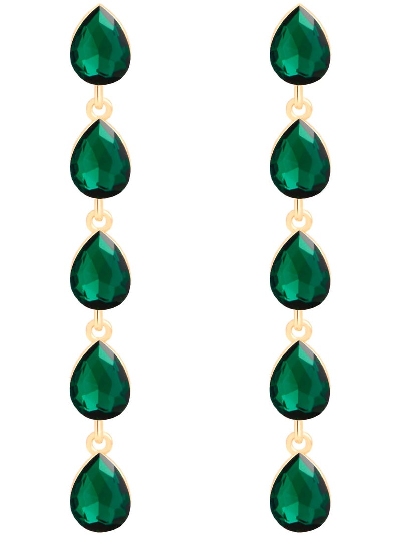 Qinpan Teardrop Green Crystal Dangle Earrings for Women Costume Jewelry (May-Emerald-14K Gold) - Image 1