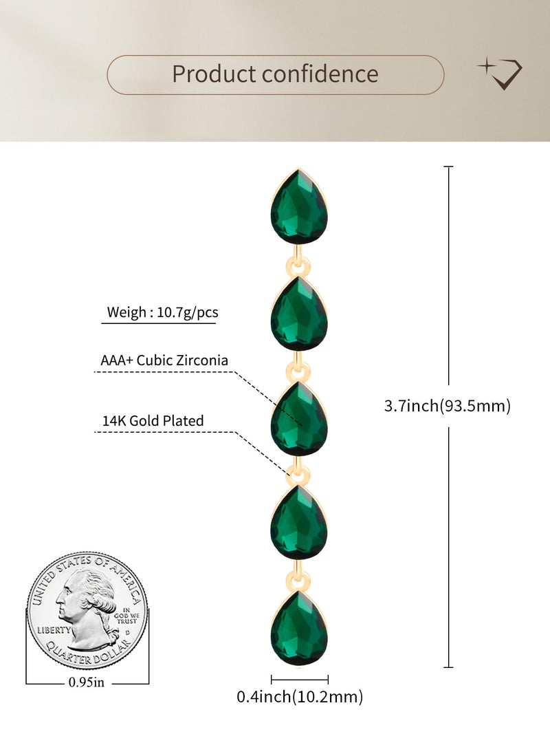 Qinpan Teardrop Green Crystal Dangle Earrings for Women Costume Jewelry (May-Emerald-14K Gold) - Image 3