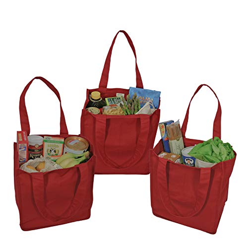 Simple Ecology Organic Cotton Deluxe Reusable Grocery Shopping Bag with Bottle Sleeves and Rigid Bottom Support (UPDATED DESIGN) - Red 3 Pack - Image 1