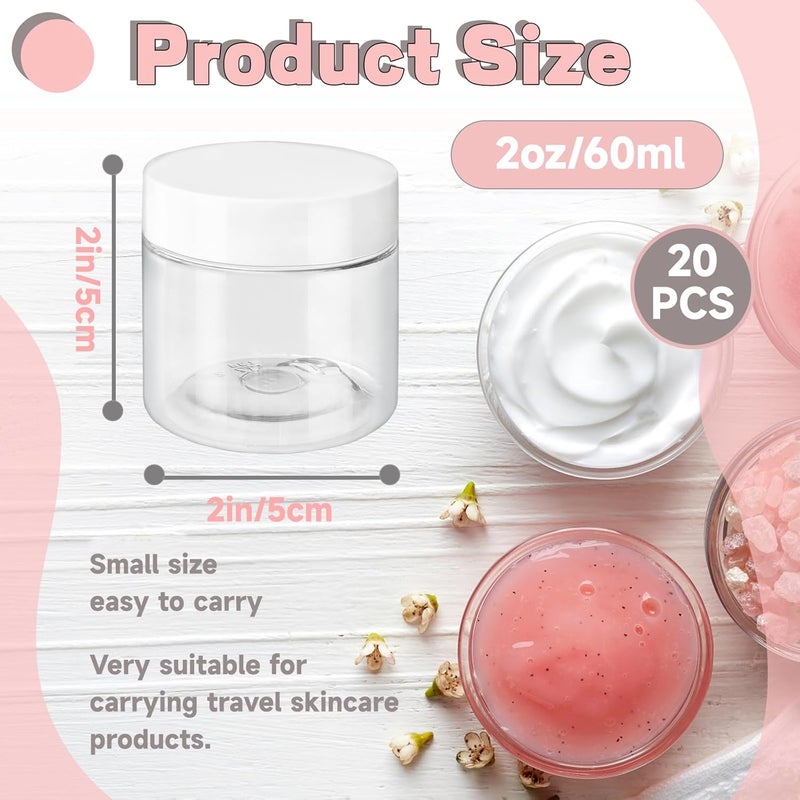 OJYUDD 20 Pcs 2 Oz Clear Cosmetic Container with White Lids,Travel Storage Clear Empty Cosmetic Jars,Plastic Round Pot Jars for Eye Shadow,Lotion,Cream,Jewelry,Painting,Candies,DIY Ointments - Image 2