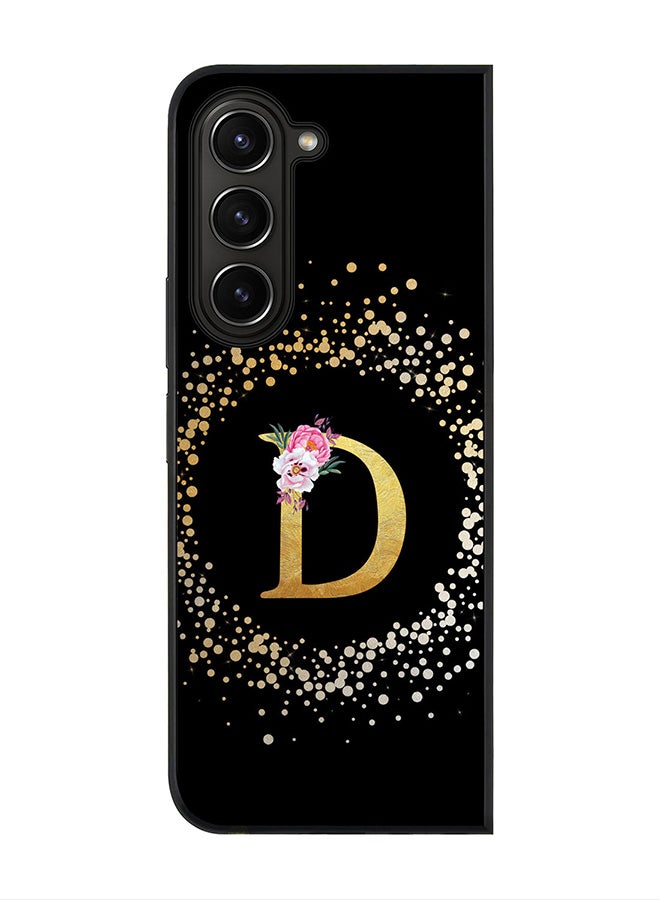 Rugged Black Cover for Samsung Galaxy Z Fold5 Case, Slim Fit Phone Cases -  Custom Monogram Initial Letter Floral Pattern Alphabet - D (Black)