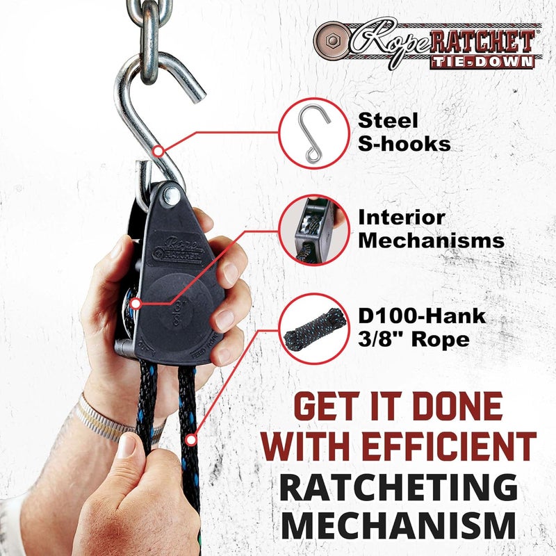 Rope Ratchet 38 Block and Tackle Pulley System Adjustable Hoist for Lifting Gear Outdoor Utility Rig for Elevating Tensioning Securing Equipment 15 Braided Polypropylene Rope 250 lb Capacity - Image 5