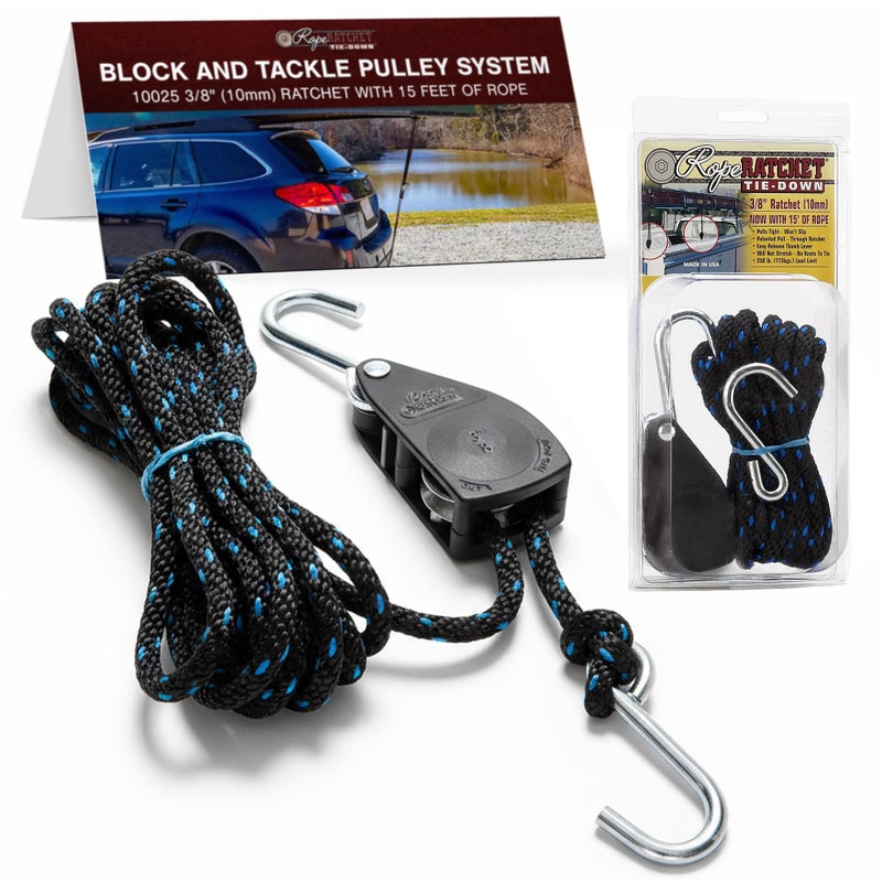 Rope Ratchet 38 Block and Tackle Pulley System Adjustable Hoist for Lifting Gear Outdoor Utility Rig for Elevating Tensioning Securing Equipment 15 Braided Polypropylene Rope 250 lb Capacity - Image 1