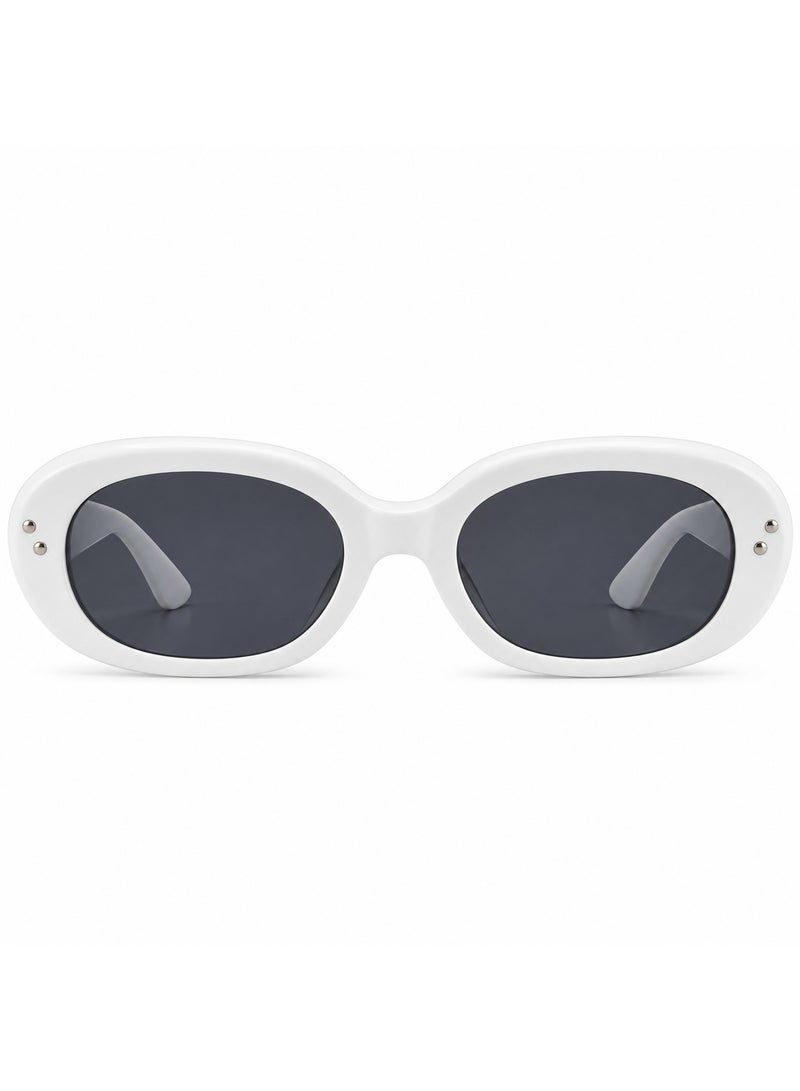 Retro Oval Sunglasses with Glossy White Frame and Dark Smoke Lenses - Image 2
