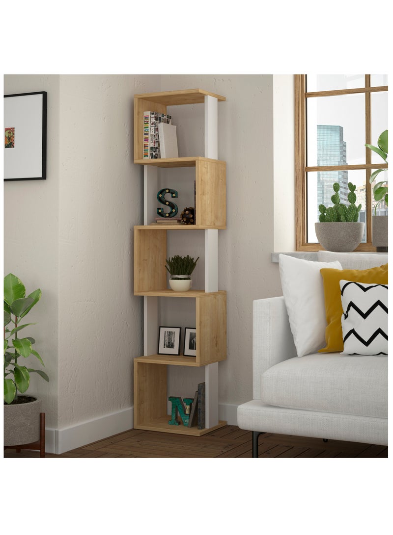 موراه مكتبة زاوية بيري من موراه هوم، خزانة كتب عصرية بخمسة رفوف، رف كتب متعدد التخزين، وحدة عرض لغرفة النوم، غرفة المعيشة - 30×161×35 سم - لون بلوط/أبيض - Image 1