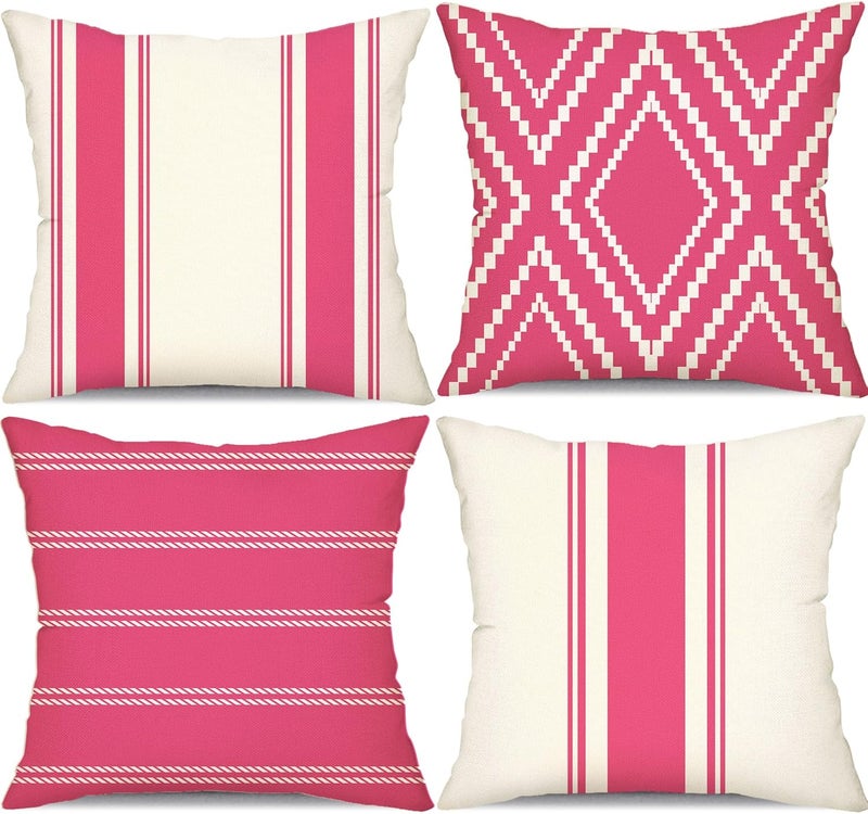 DFXSZ Outdoor Pillow Covers 18x18 Inch Set of 4 Hot Pink Waterproof Modern Geometry Throw Pillows Outdoor Summer Waterproof Decor for Patio Funiture Garden Polyester Cushion Covers 013L18 - Image 1