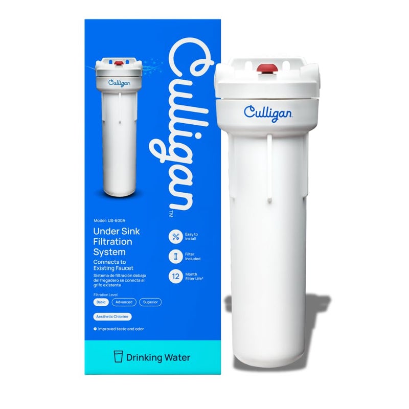 Culligan نظام تنقية المياه تحت الحوض كوليجان US-600A - فلتر مياه يقلل من طعم ورائحة الكلور - يشمل خرطوشة D-20A، أدوات التركيب ومفتاح - سعة 1,000 جالون - Image 1