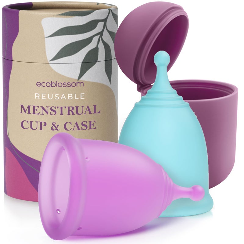 EcoBlossom Reusable Menstrual Cup and Case The Most Reliable Medical Grade Silicone Period Cups Comfortably use for 12 Hours SmallLarge Pack of 2 Round Stem Case - Image 2