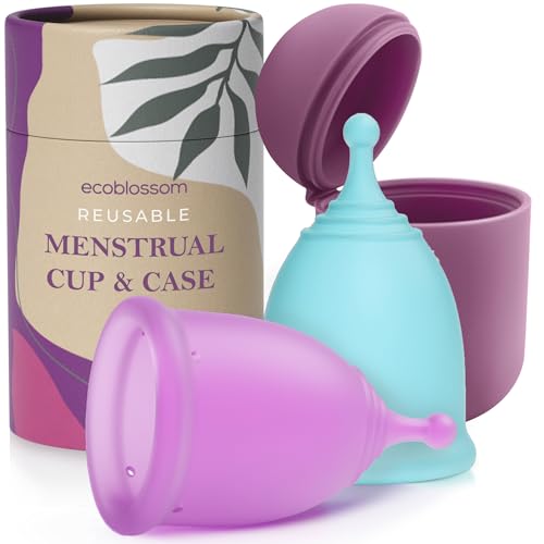 EcoBlossom Reusable Menstrual Cup and Case The Most Reliable Medical Grade Silicone Period Cups Comfortably use for 12 Hours SmallLarge Pack of 2 Round Stem Case - Image 1