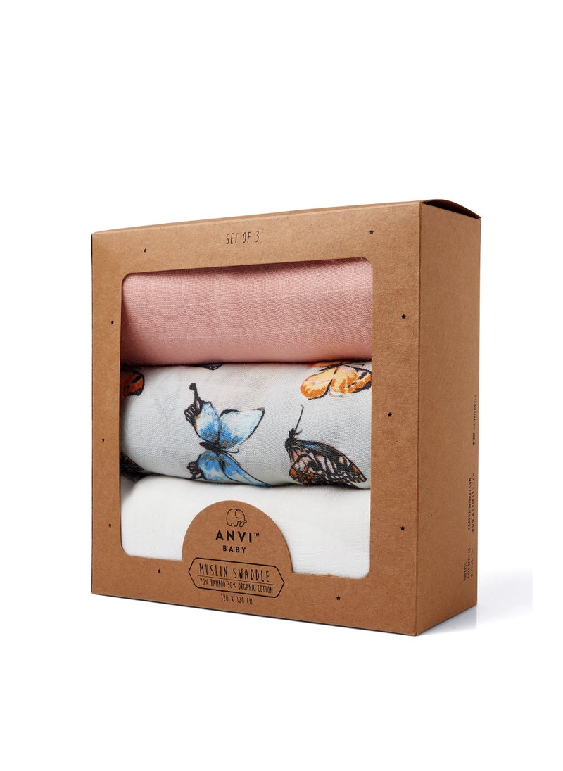 Anvi Baby Set of 3 Organic Bamboo Swaddle - Butterfly Dreams  - Image 2