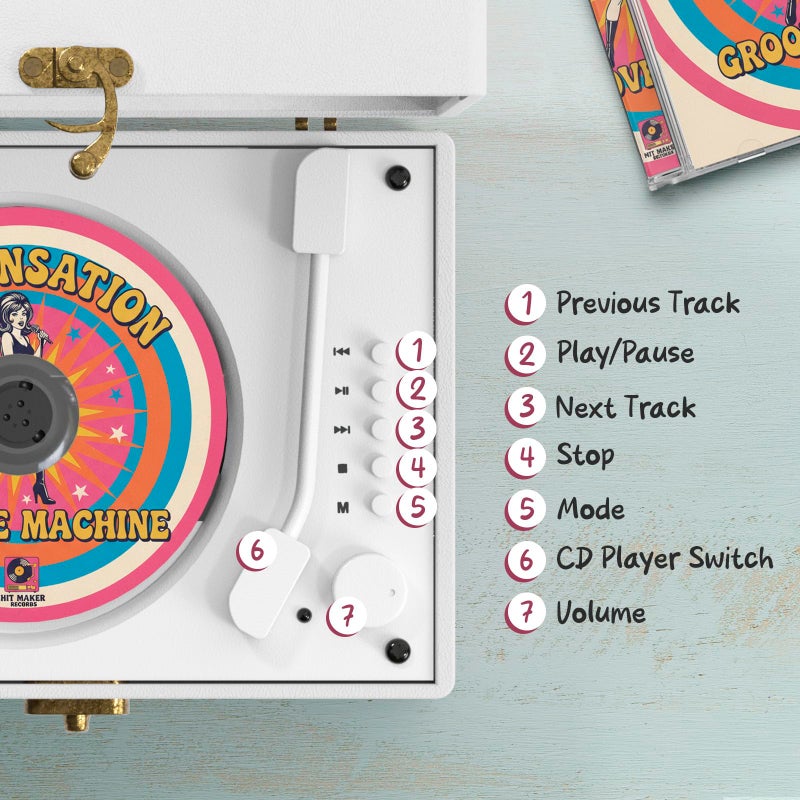 KLIM Retro CD Player â€“ Vintage Style CD Player with Speakers, Bluetooth Receiver, AUX, USB, Rechargeable Battery, Mini Record Player Look, Small Cute CD Music Box for Home Decor - White - Image 3