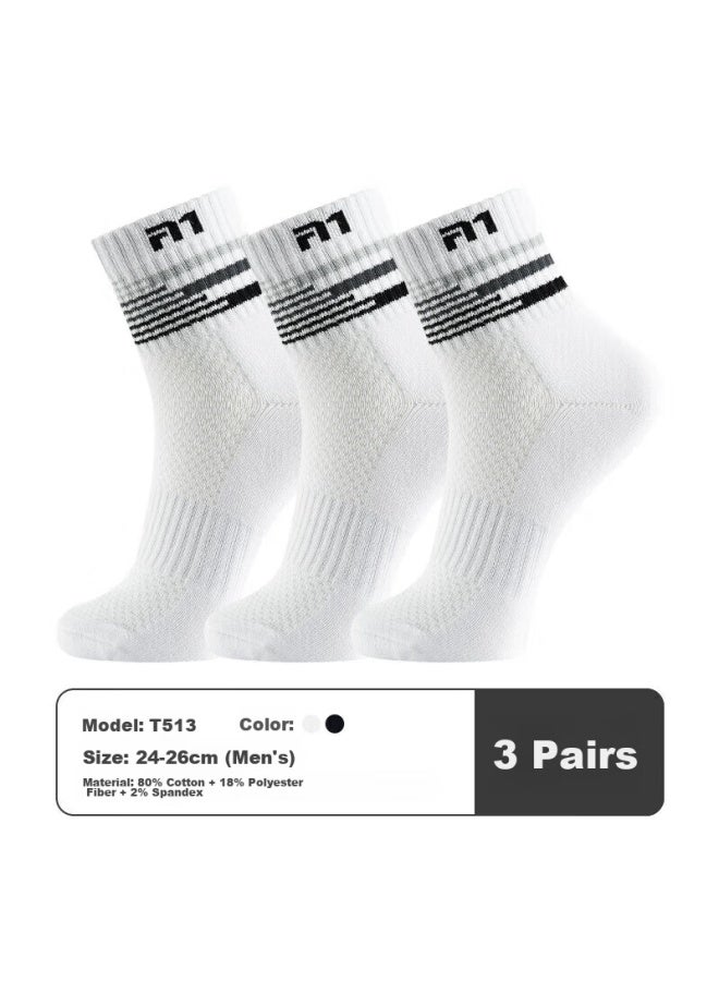 Taan Men's Thickened Mid-calf Badminton Socks With Terry Bottom, T513 White And Black, 3 Pairs - Image 1