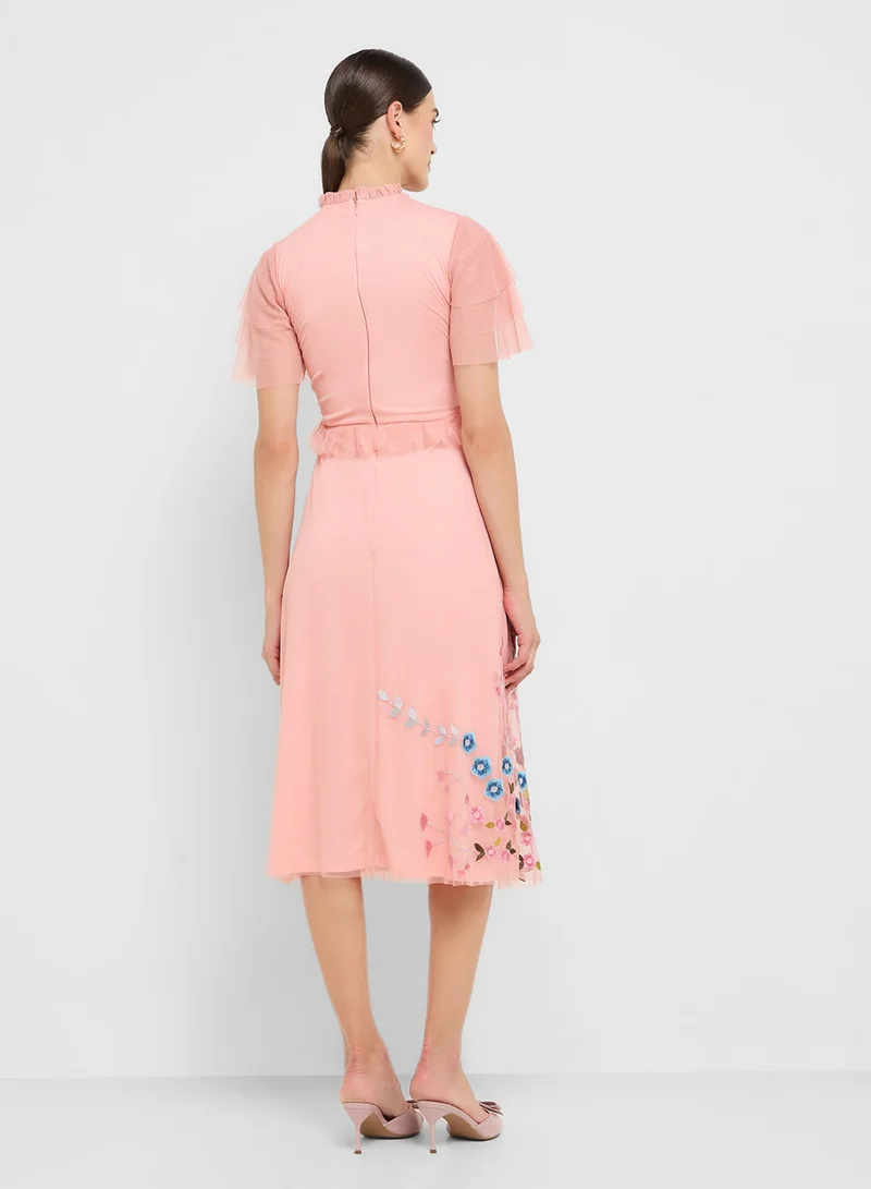 فروك اند فرل Embellished Mesh Detail Ruffle Sleeve Midi Dress