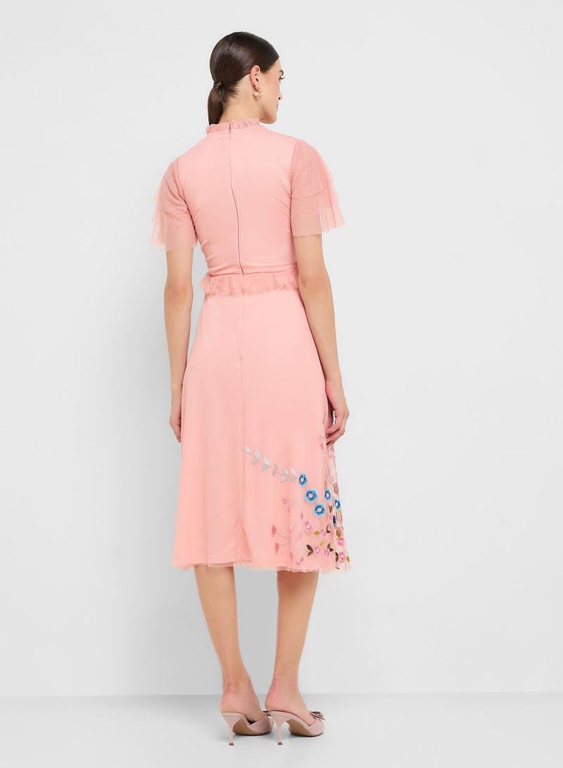 Frock and Frill Embellished Mesh Detail Ruffle Sleeve Midi Dress - Image 2