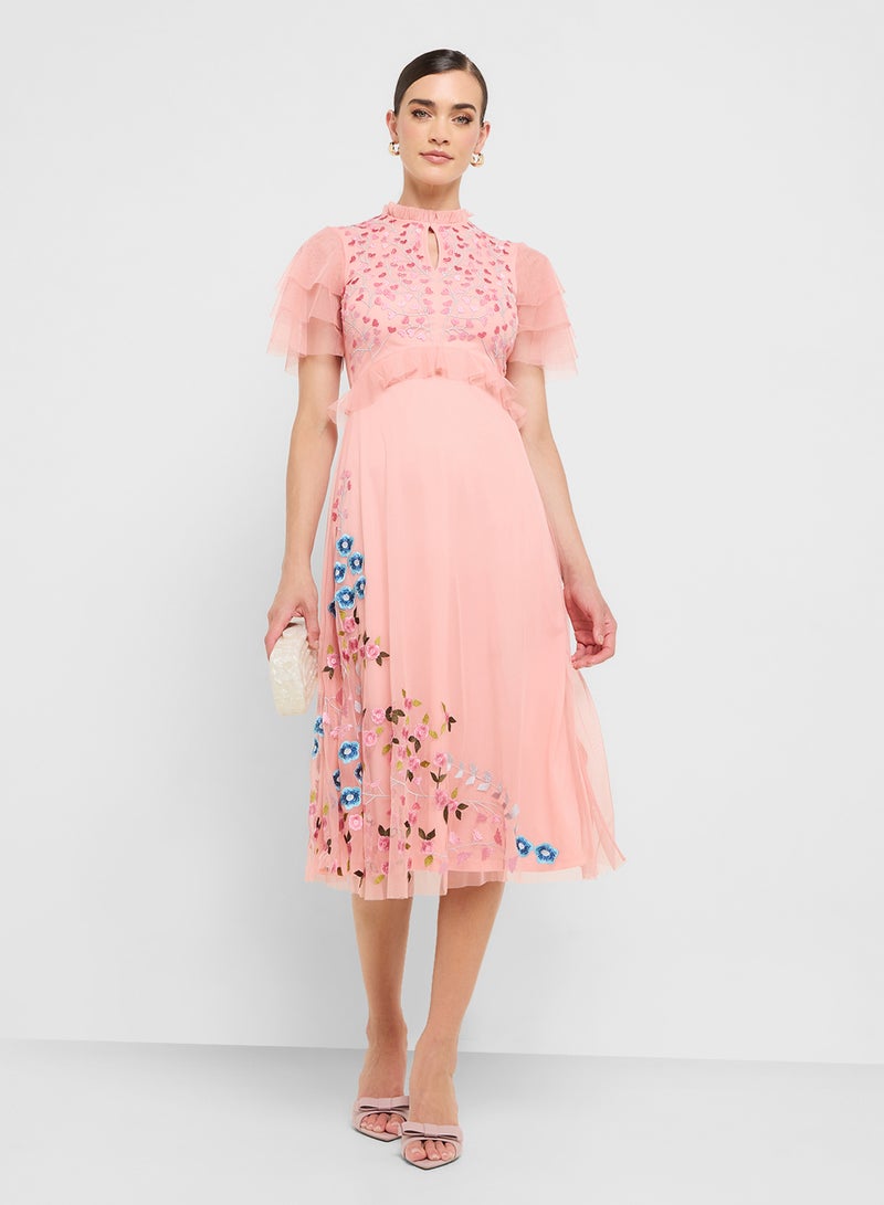 Frock and Frill Embellished Mesh Detail Ruffle Sleeve Midi Dress - Image 4