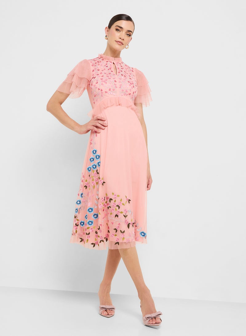 Frock and Frill Embellished Mesh Detail Ruffle Sleeve Midi Dress - Image 1
