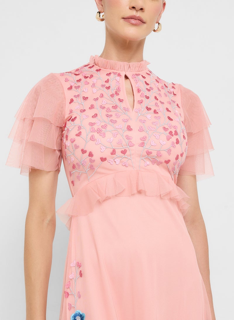 Frock and Frill Embellished Mesh Detail Ruffle Sleeve Midi Dress - Image 3