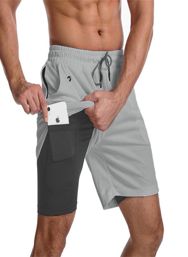Loquat Men's 2-in-1 Quick Drying Casual Fitness Shorts Light Gray  - Image 1