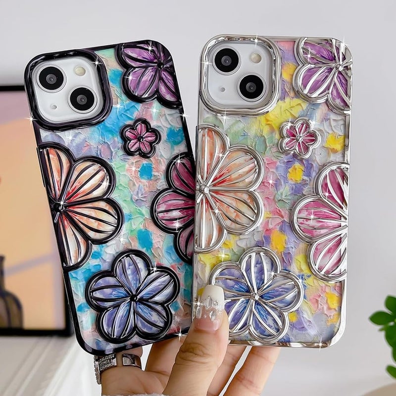 Mobistyle Designed for iPhone 13 Cover| Electroplating Bling Colourful Floral 3D TPU Camera Protection Back Cover Case for Women Girls (Silver) - Image 5