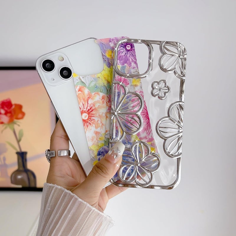 Mobistyle Designed for iPhone 13 Cover| Electroplating Bling Colourful Floral 3D TPU Camera Protection Back Cover Case for Women Girls (Silver) - Image 4