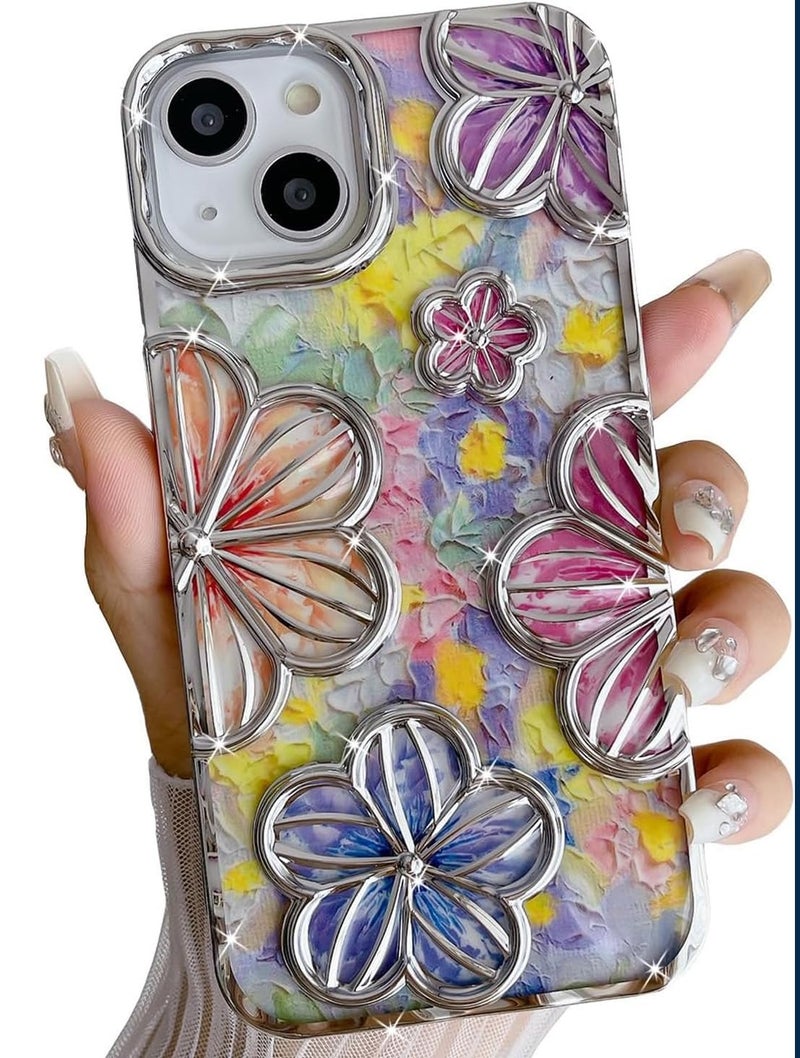 Mobistyle Designed for iPhone 13 Cover| Electroplating Bling Colourful Floral 3D TPU Camera Protection Back Cover Case for Women Girls (Silver) - Image 1