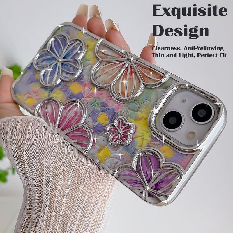 Mobistyle Designed for iPhone 13 Cover| Electroplating Bling Colourful Floral 3D TPU Camera Protection Back Cover Case for Women Girls (Silver) - Image 3