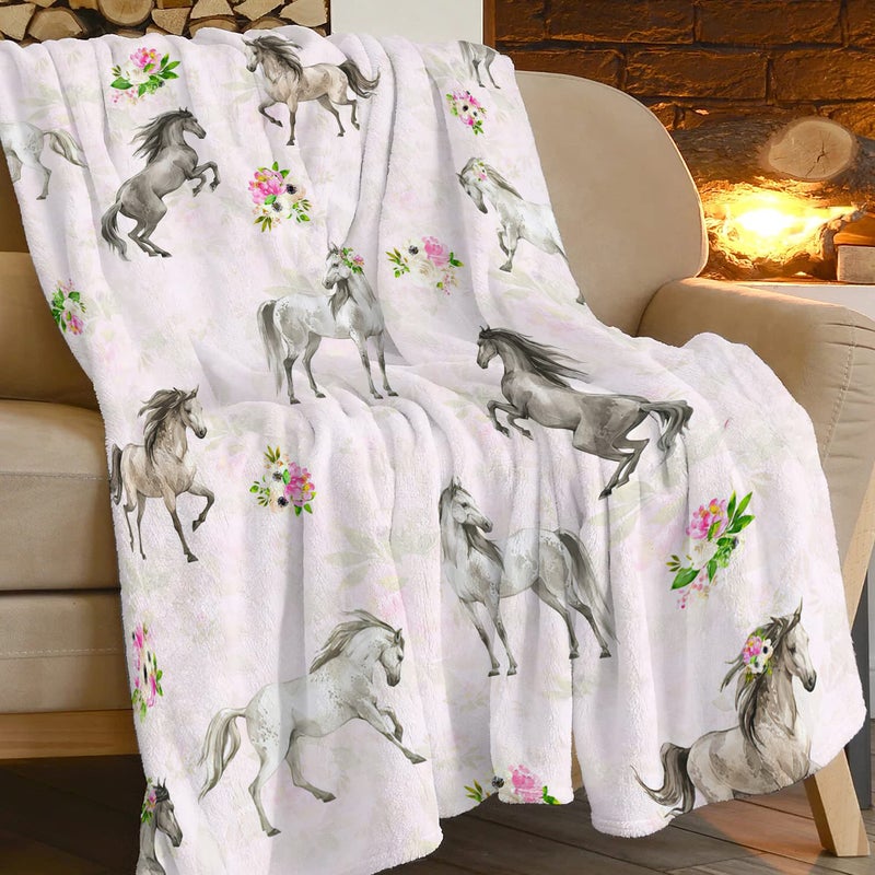 exroozy Horse Blanket Gifts for Girls Women Western Horses Flowers Fleece Flannel Throw Blankets Soft Lightweight Horse Plush Stuffed Animal Pink Throws for Horse Lovers Kids Adults Bed Sofa Decor 50""x40"" - Image 3
