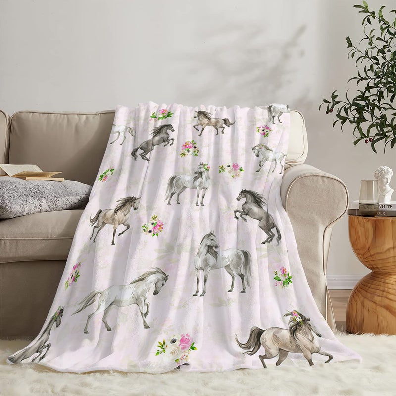 exroozy Horse Blanket Gifts for Girls Women Western Horses Flowers Fleece Flannel Throw Blankets Soft Lightweight Horse Plush Stuffed Animal Pink Throws for Horse Lovers Kids Adults Bed Sofa Decor 50""x40"" - Image 2
