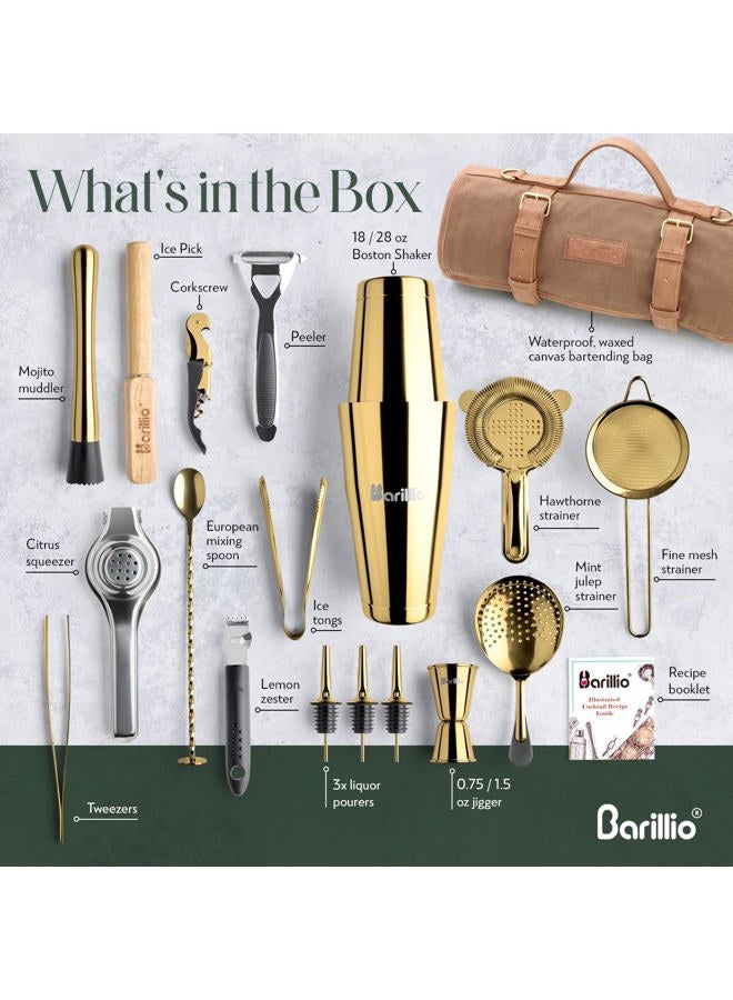 Barillio Bartender Kit Bag with Gold Cocktail Shaker Set - Waxed Canvas, Traveling Bar Tools Bag with 17-Pc Cocktail Kit - Travel Mixology Bartending Kits - Mobile Bar Roll with Strap & Accessories - Image 4