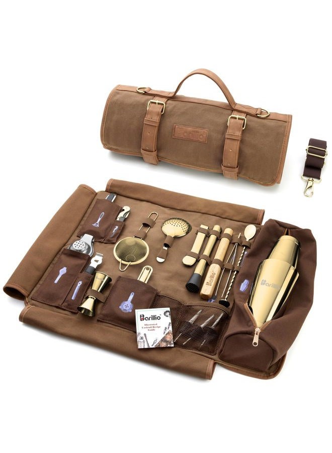 Barillio Bartender Kit Bag with Gold Cocktail Shaker Set - Waxed Canvas, Traveling Bar Tools Bag with 17-Pc Cocktail Kit - Travel Mixology Bartending Kits - Mobile Bar Roll with Strap & Accessories - Image 1