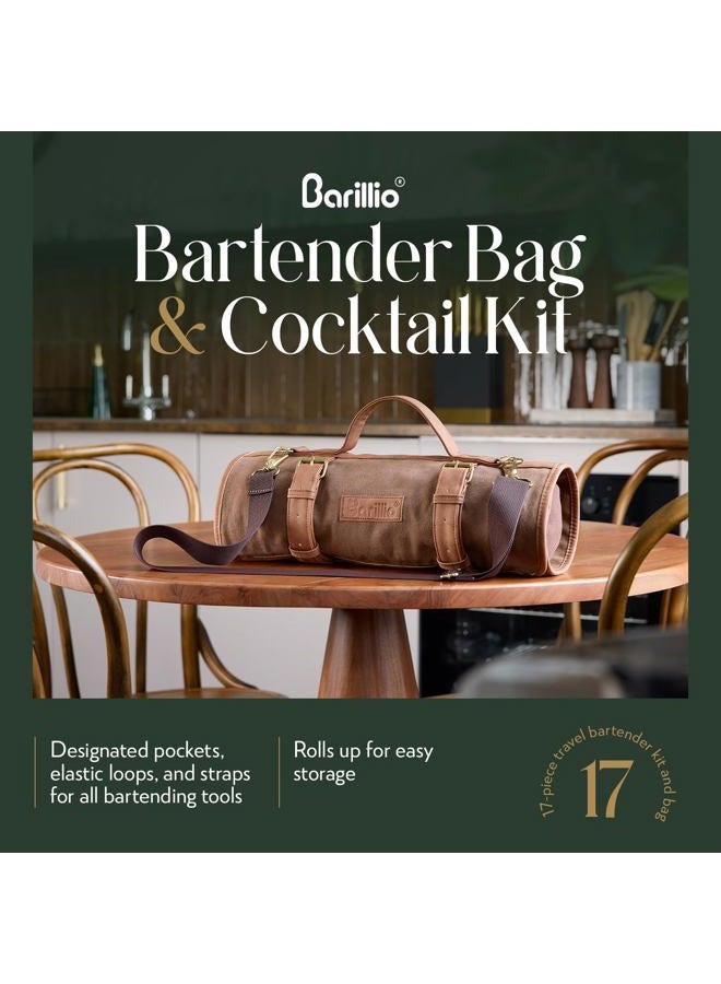 Barillio Bartender Kit Bag with Gold Cocktail Shaker Set - Waxed Canvas, Traveling Bar Tools Bag with 17-Pc Cocktail Kit - Travel Mixology Bartending Kits - Mobile Bar Roll with Strap & Accessories - Image 2