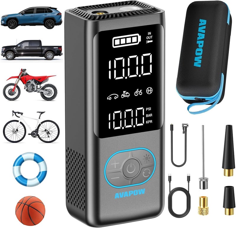 AVAPOW ضاغط هواء محمول AVAPOW AP18 لتضخيم الإطارات - مضخة هواء لاسلكية بضغط 150 PSI مع شاشة LCD مزدوجة - Image 1