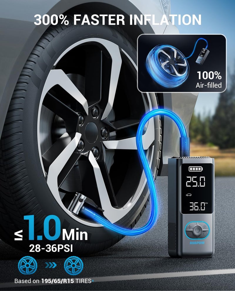 AVAPOW ضاغط هواء محمول AVAPOW AP18 لتضخيم الإطارات - مضخة هواء لاسلكية بضغط 150 PSI مع شاشة LCD مزدوجة - Image 2