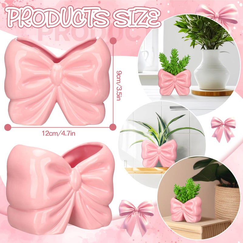 Sieral 2 Pcs Coquette Bow Succulent Pots with Drainage Pink Bowtie Ceramic Planter Pots Plants Holder Bowtie Shaped Cactus Flower Container for Home and Office Desk Display Coquette Party Decoration - Image 2