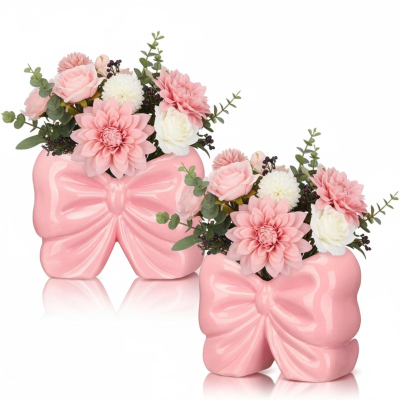 Sieral 2 Pcs Coquette Bow Succulent Pots with Drainage Pink Bowtie Ceramic Planter Pots Plants Holder Bowtie Shaped Cactus Flower Container for Home and Office Desk Display Coquette Party Decoration - Image 1