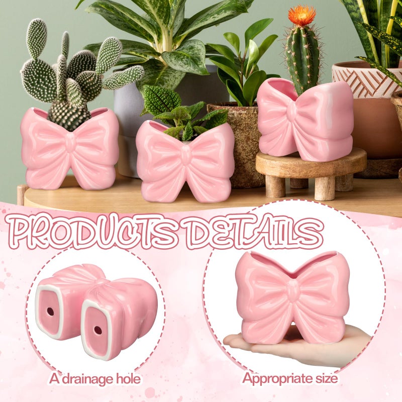 Sieral 2 Pcs Coquette Bow Succulent Pots with Drainage Pink Bowtie Ceramic Planter Pots Plants Holder Bowtie Shaped Cactus Flower Container for Home and Office Desk Display Coquette Party Decoration - Image 3