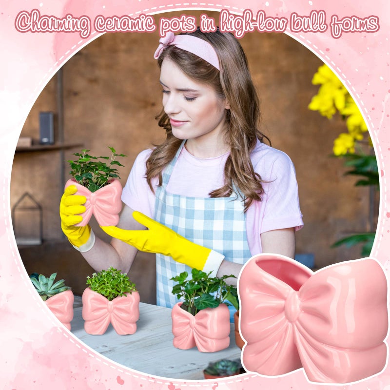 Sieral 2 Pcs Coquette Bow Succulent Pots with Drainage Pink Bowtie Ceramic Planter Pots Plants Holder Bowtie Shaped Cactus Flower Container for Home and Office Desk Display Coquette Party Decoration - Image 4