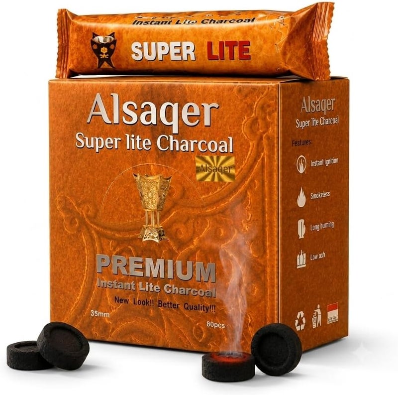 ALSAQER Super Lite Bakhoor Charcoal Tablets 35 mm - 80 Pieces Premium Bakhour Charcoal for Madkhan | Long Lasting & Low Ash Odourless Coal for Oud, Incense, Resin, Bakhoor Burner & Mabkhara Burners - Image 1