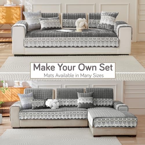 HOKIPO 'BelleLace Series' Imperial Milk Velvet Sofa Cover Mat with Lace Design| Make Your Own Sofa Cover Set, Mat Length 90(D) x 220(L) cm, Porpoise Grey (AR-5968-DGRY) - Image 3